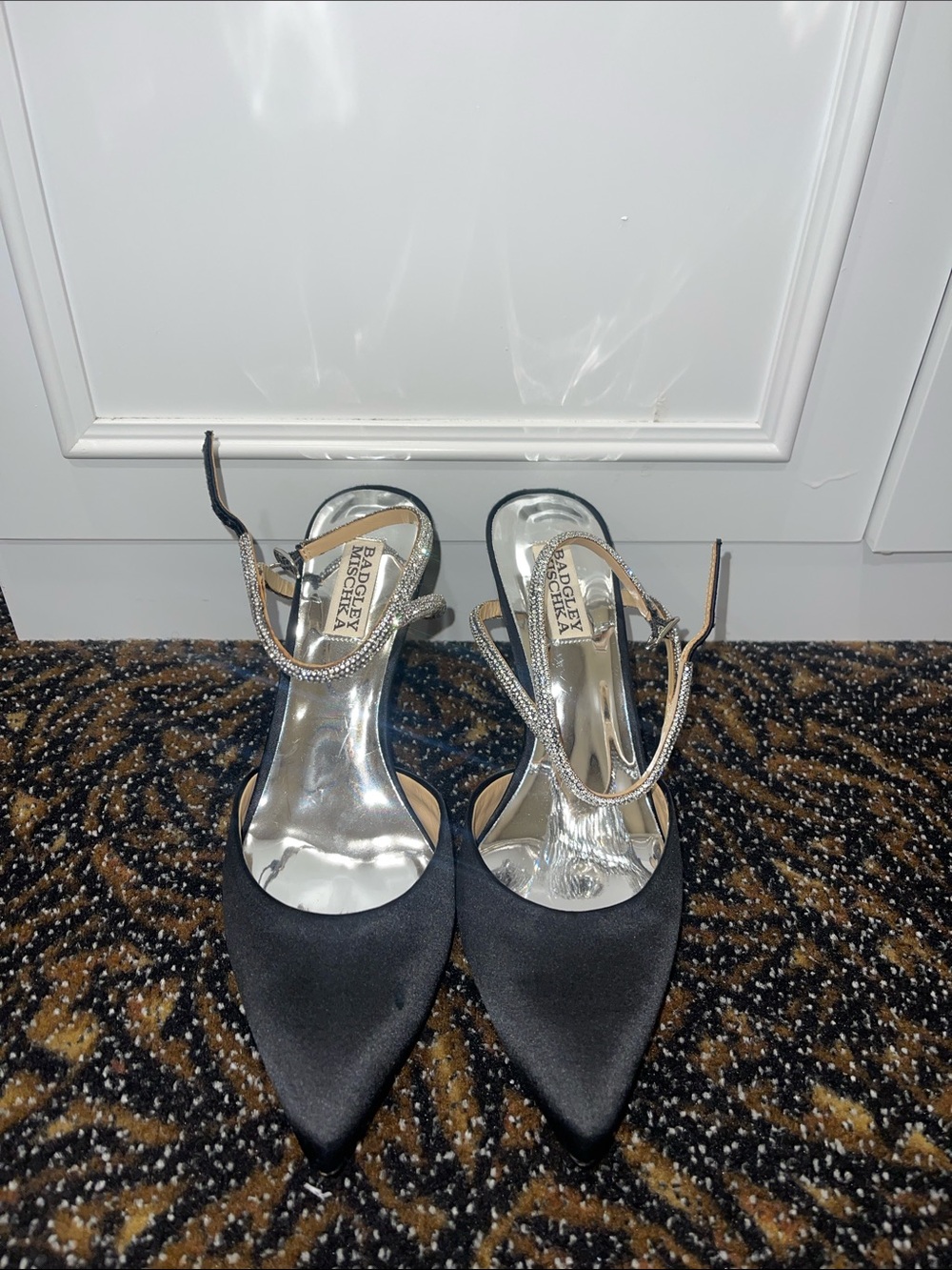 Badgley Mischka Black Satin Pointed Slingback Heels with Rhinestone Strap